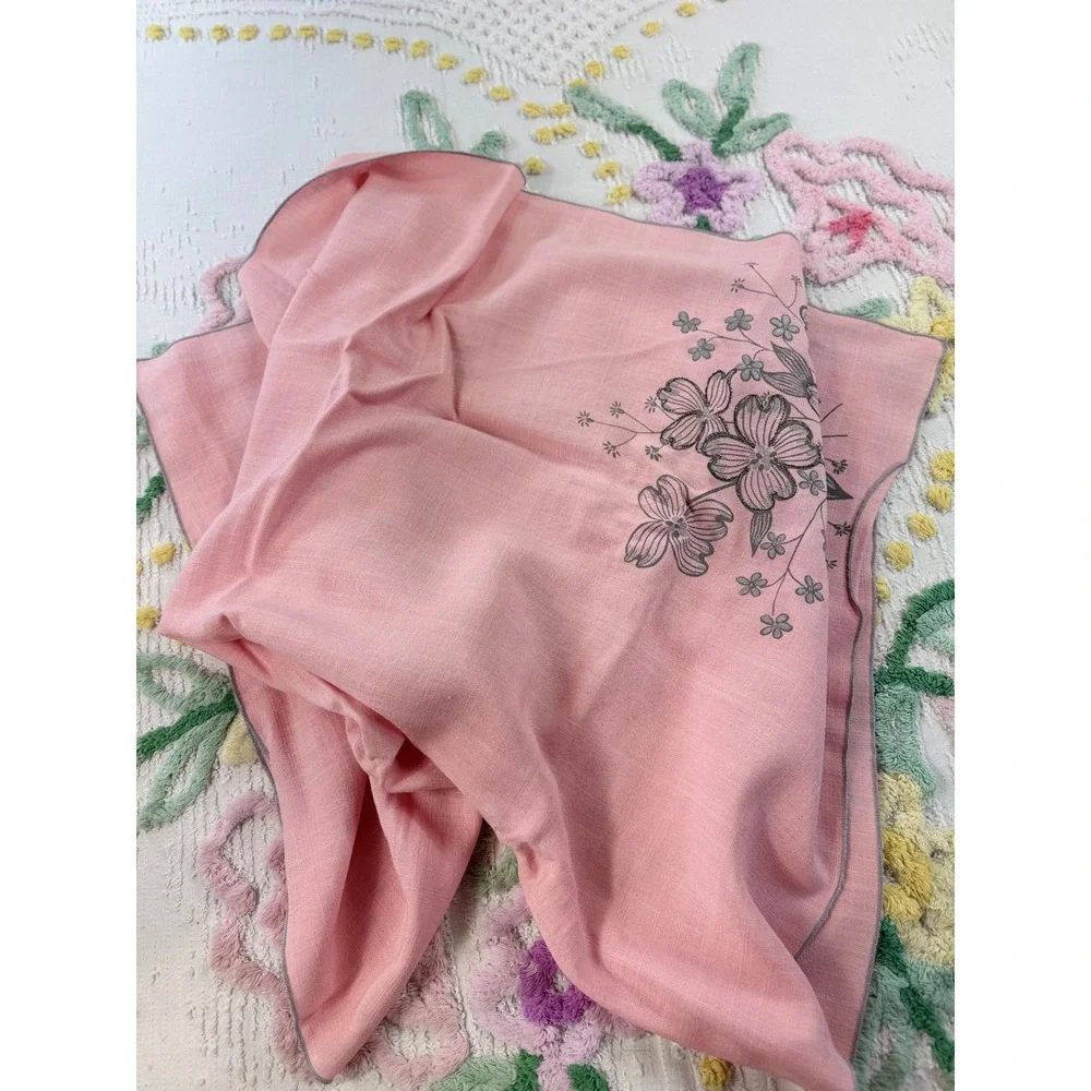 Vintage Pink Square Tablecloth Silver Floral Dogwood Graphic 36x36 Scarf Wrap